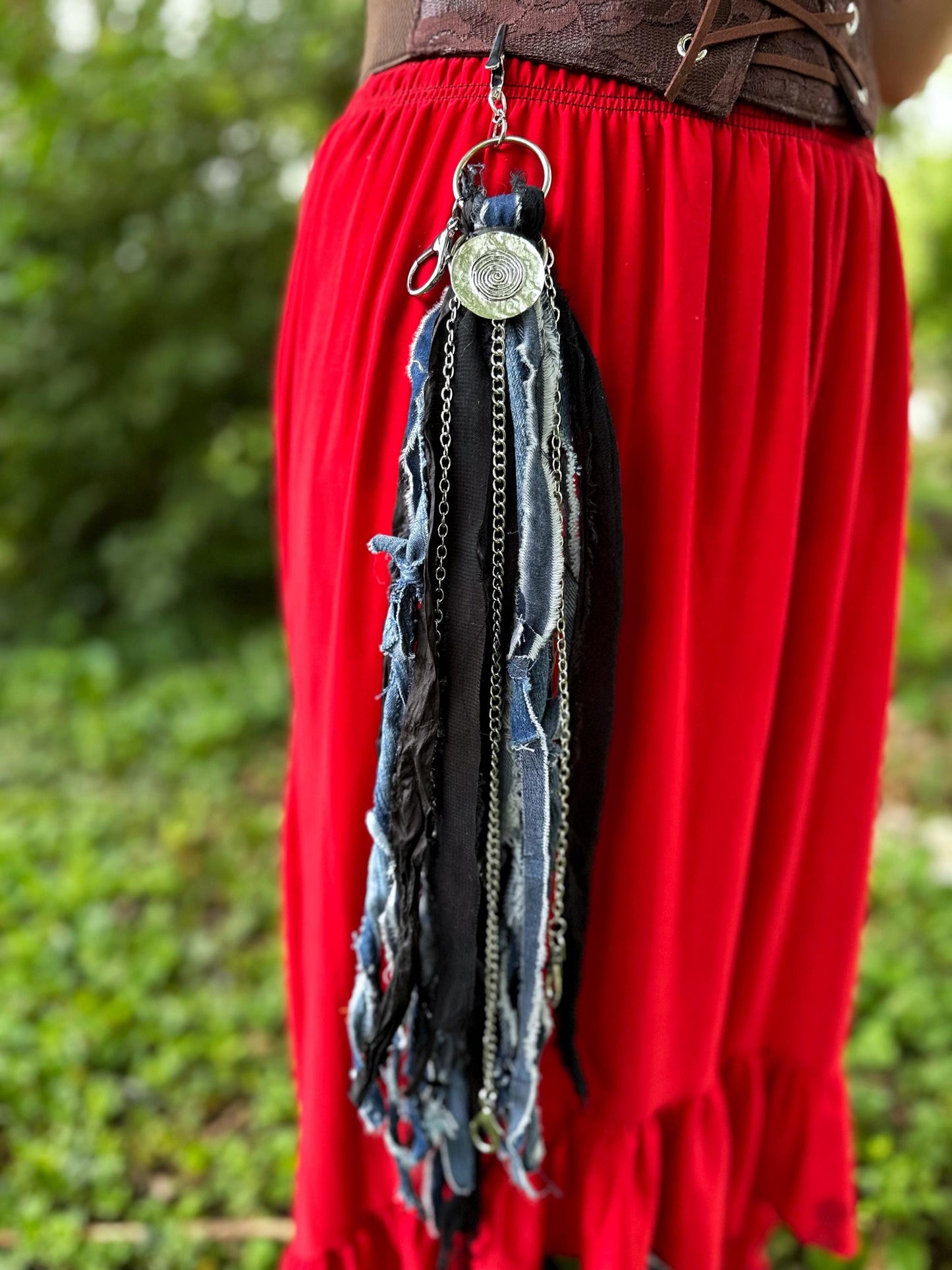 Chatelaine Belt Sash | Denim Blue & Black OOAK Steampunk Style Accessory with Hooks, Clips, | Reclaimed Materials, Silk, Fiber Art