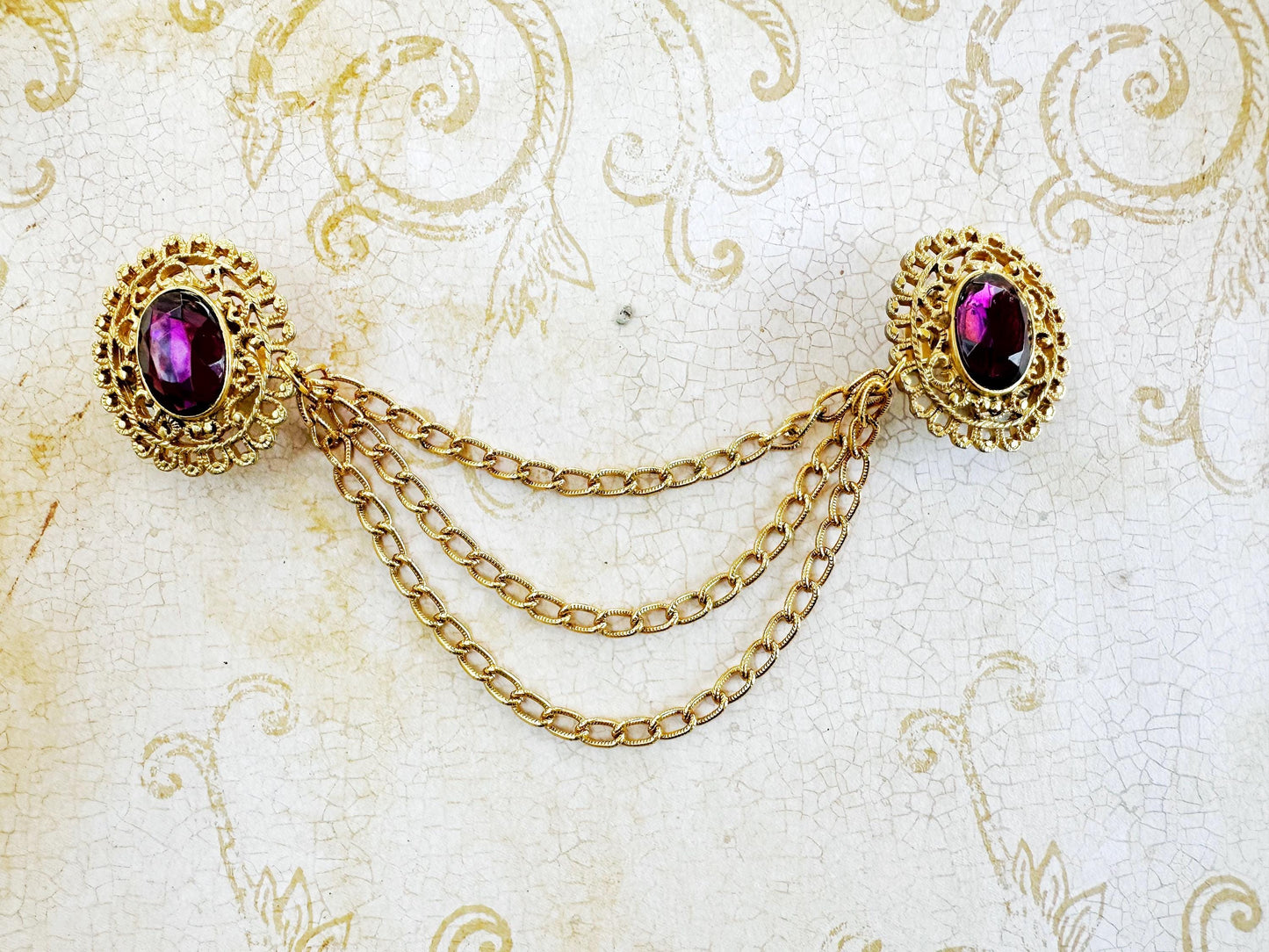 NEW* Gold & Purple Stone w/ Chains Cloak Clasp | Vintage Repurposed