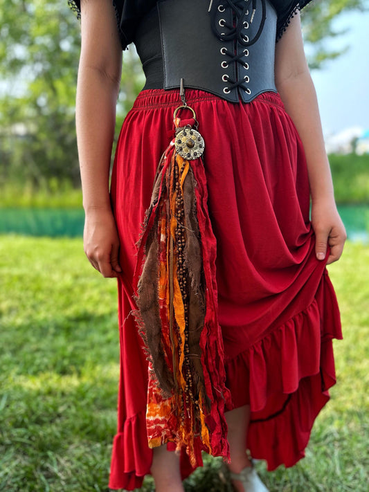 Chatelaine Belt Sash | Red & Brown Pirate Themed OOAK Accessory with Wood Beads, Hooks, Clips, | Reclaimed Materials, Silk, Linen, Fiber Art