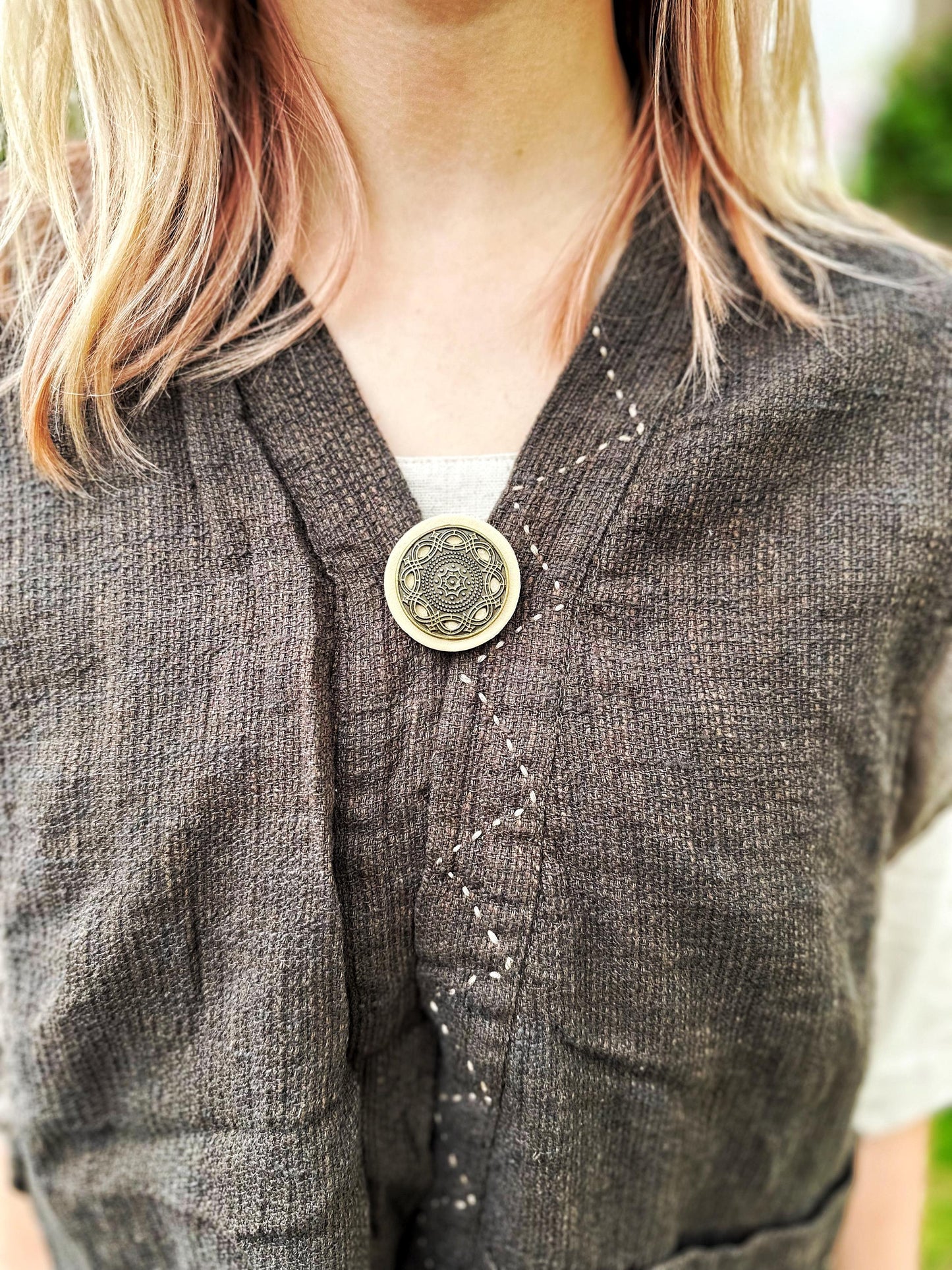 Single Metal & Leather Medallion Brooch Pin