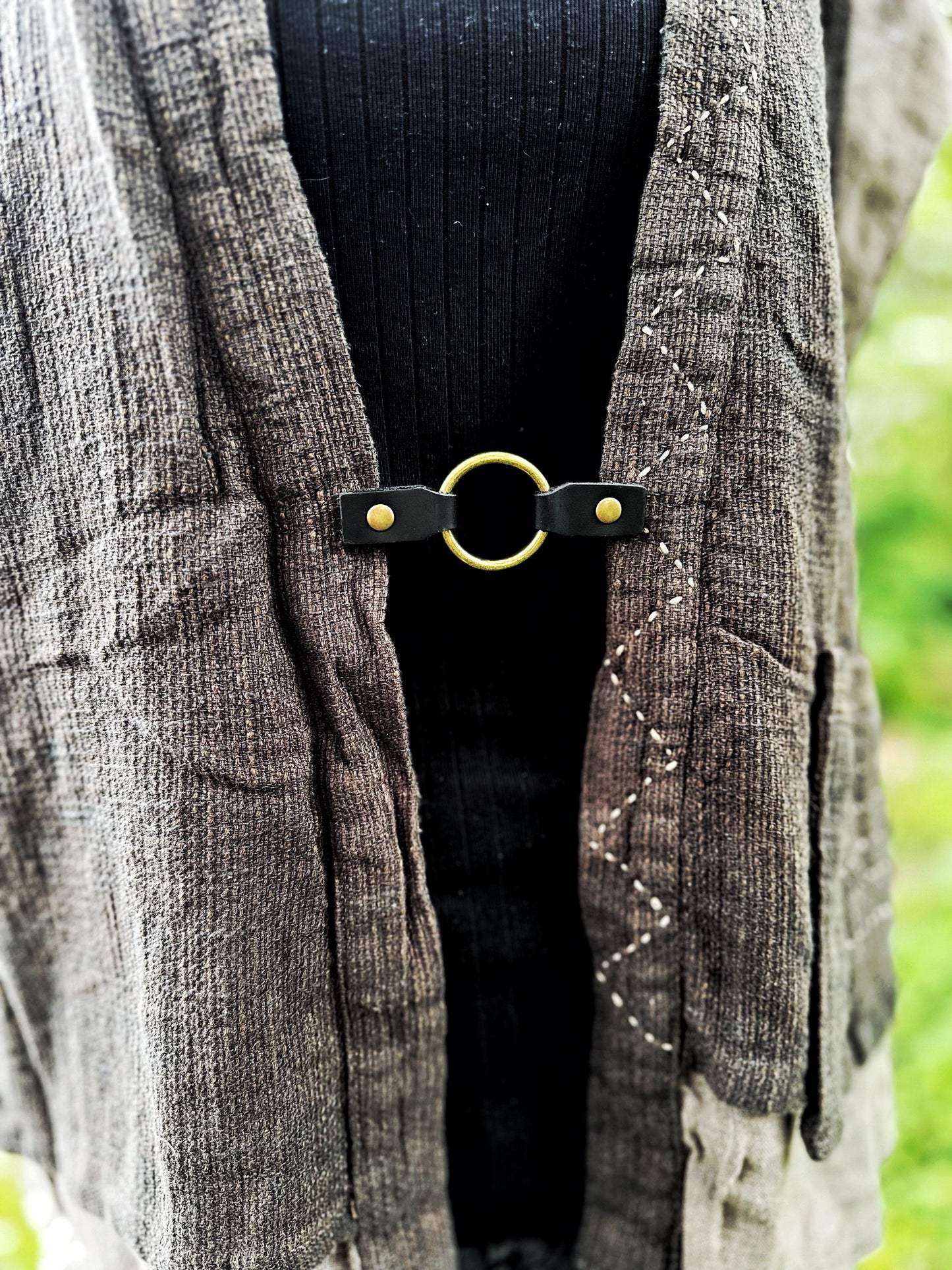 Dress Cinch Clip | Bronze Ring & Black Leather Sweater Clip | Unique Clothing Clasps Shawl Clip | Steampunk Minimalist Versatile Skinny Belt