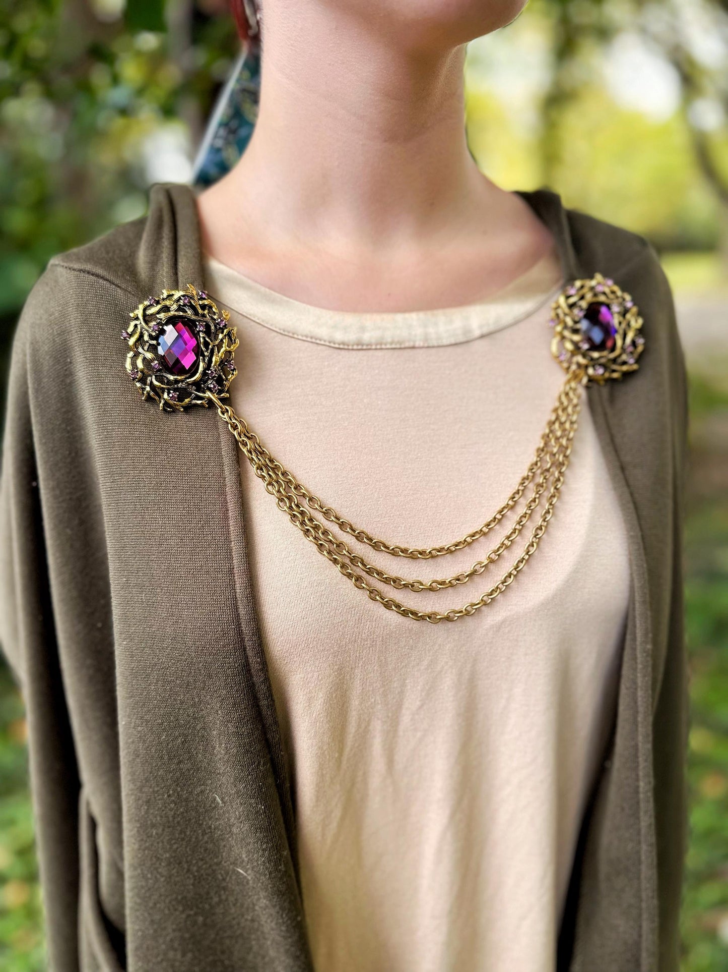 Amethyst and Gold Cloak Clasp, Costume Brooch w/ Chains | Forest Fairytale Brooches, Woodland Elf Nymph | Adult Costume Accessories Closure
