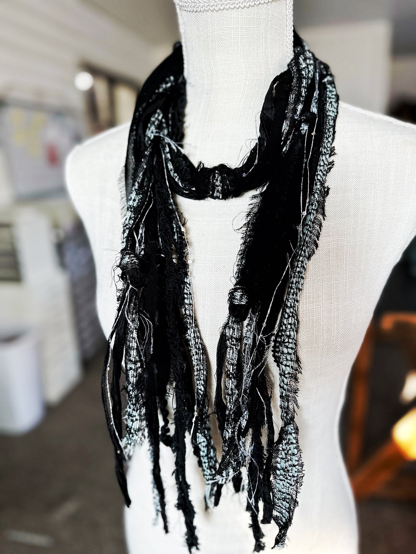 NEW Silver & Black Hobo Scarf | Hippie Clothes | Festival Clothing for Women, Men | Upcycled Repurposed Scarves | Organic Cotton, Silk