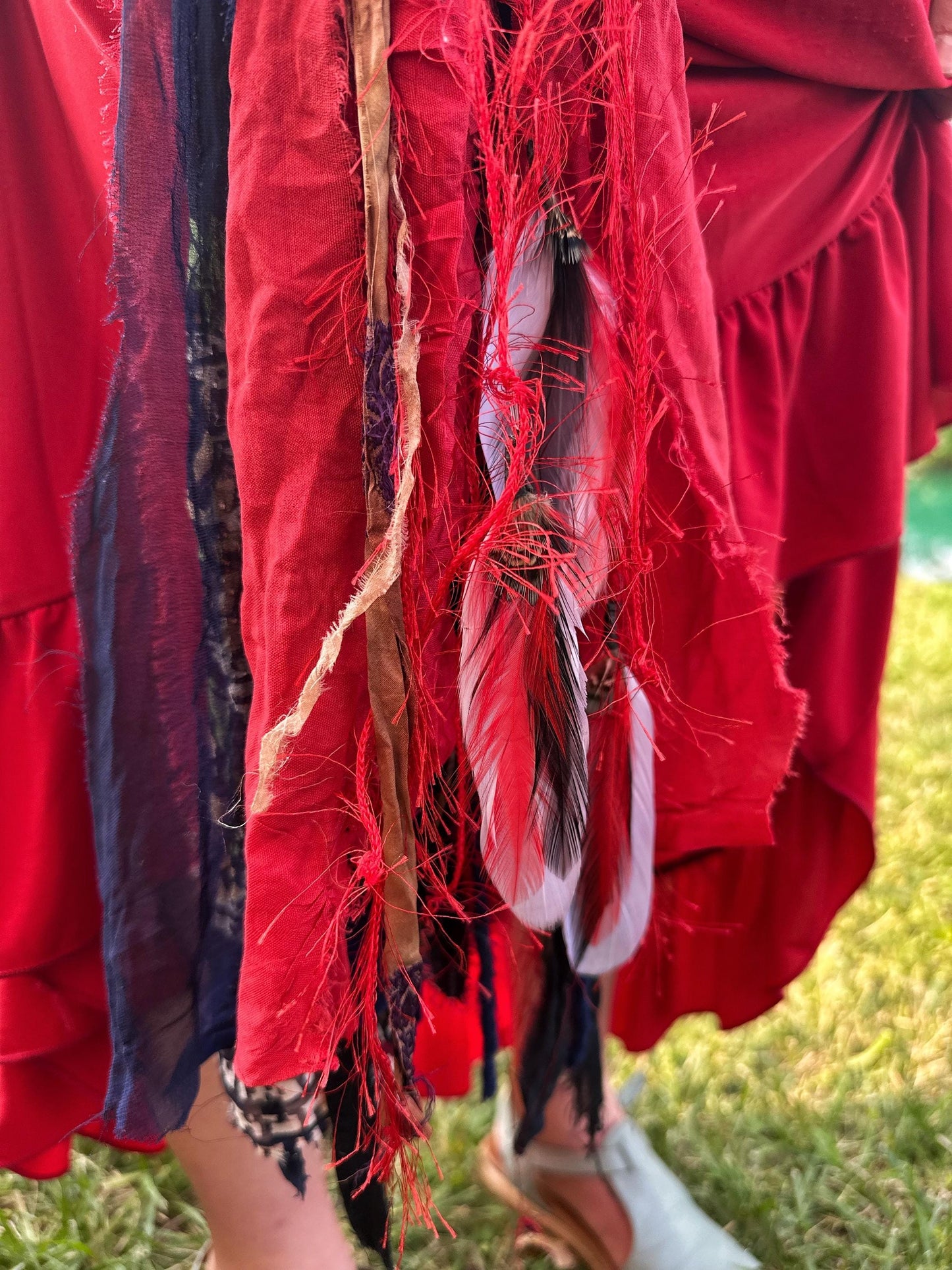 Chatelaine Belt Sash | Red & Blue OOAK Accessory with Feathers, Hooks, Clips, | Reclaimed Materials, Silk, Linen, Fiber Art Trinket Holder
