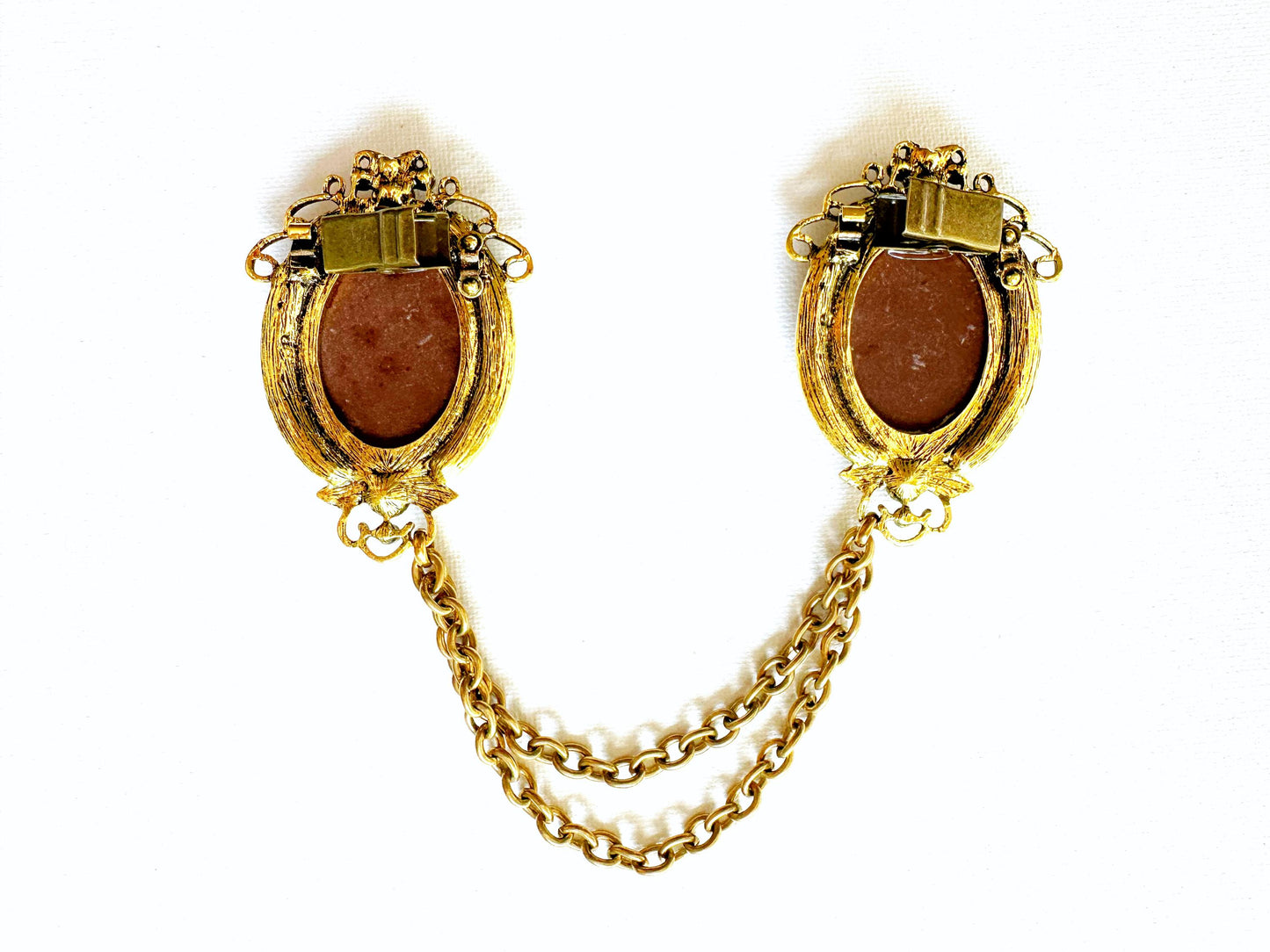 Gold-toned Cameo Cloak Clasp, Costume Cameo Brooch w/ Chains | Victorian Fairytale Closure, Gothic Edwardian  | Adult Costume Accessories