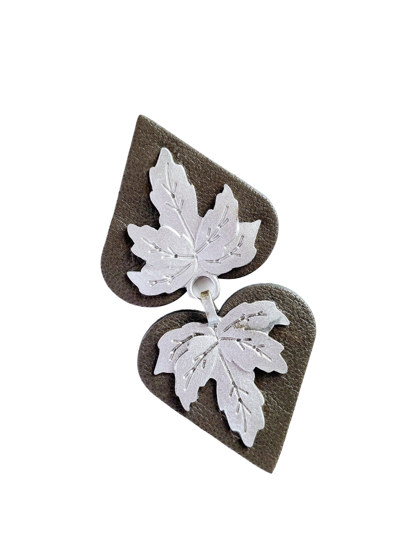 Silver Leaf Cloak Clasp | Sweater Clips |  Metal on Genuine Gray Leather Cardigan Closure | Kardiklips | Steampunk Renaissance Cape | K-009