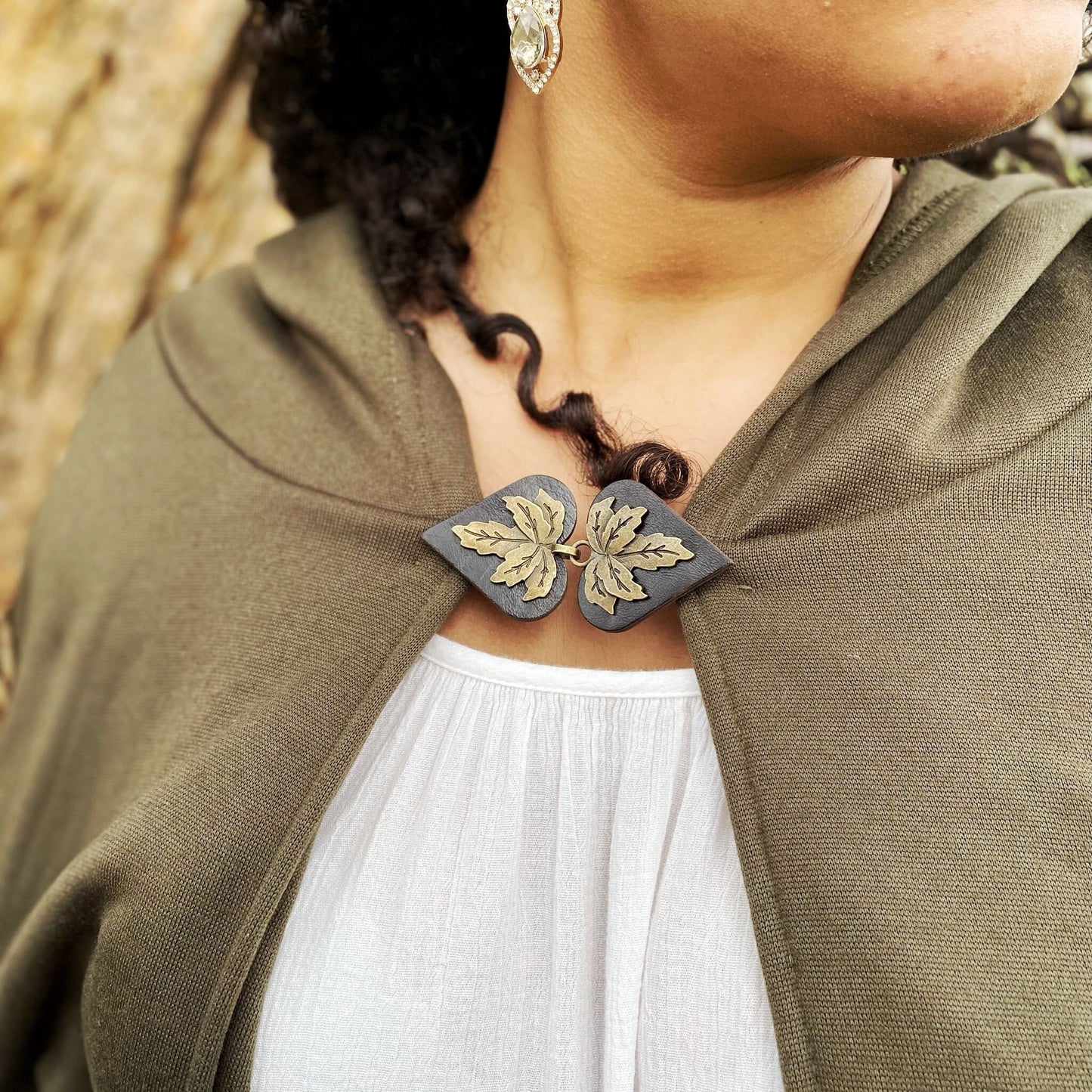 "Halcyon" Bronze Metal Leaf on Dark Brown Leather Clothing Clasp