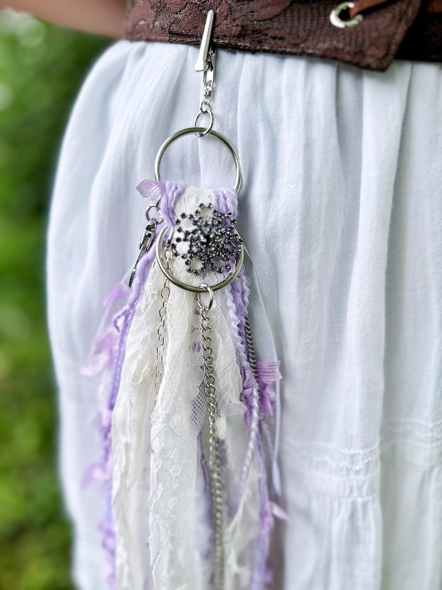 Chatelaine Belt Sash | Purple & White, Silver OOAK Accessory with Hooks, Clips, Clasps | Reclaimed Materials, Silk, Linen, Fiber Art