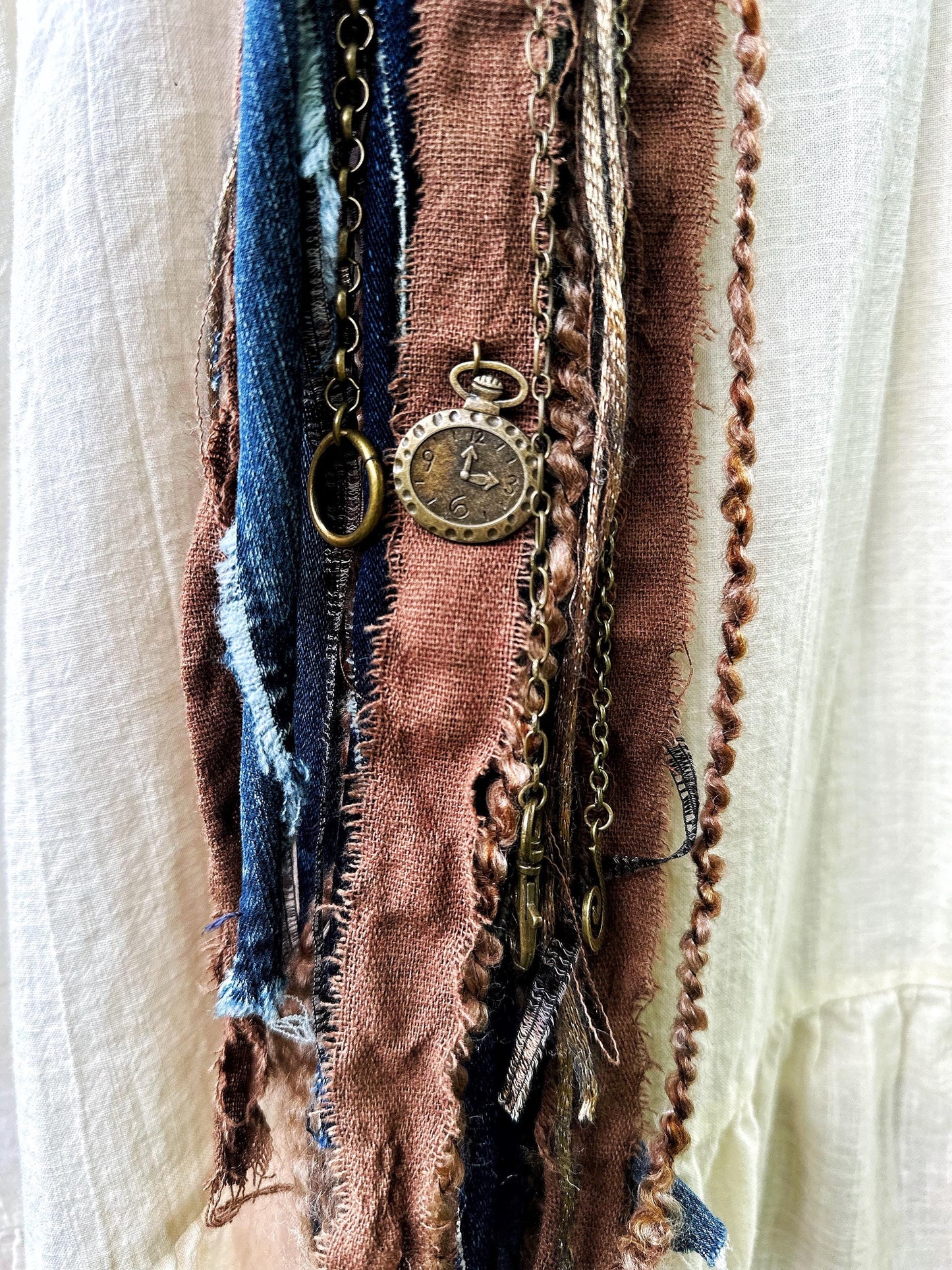 Chatelaine Belt Sash | Denim Blue & Brown OOAK Steampunk Accessory with Hooks, Clips, | Reclaimed Materials, Silk, Linen, Fiber Art, Charms