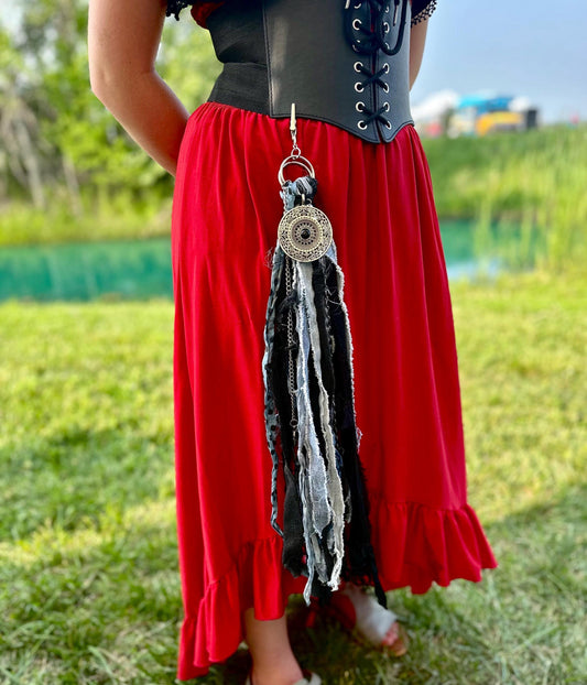 Chatelaine Belt Sash | Denim Blue & Black OOAK Steampunk Style Accessory with Hooks, Clips, Medallion | Reclaimed Materials, Silk, Fiber Art