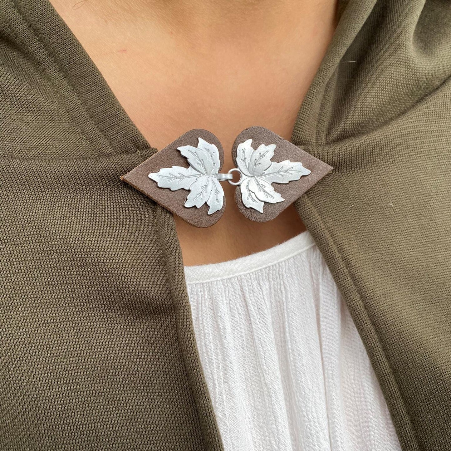 "Halcyon" Silver Leaf on Brown Leather Clothing Clasp