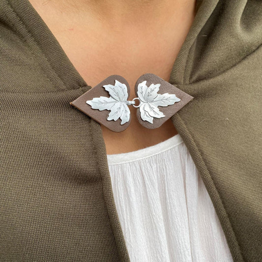 "Halcyon" Silver Leaf on Brown Leather Clothing Clasp