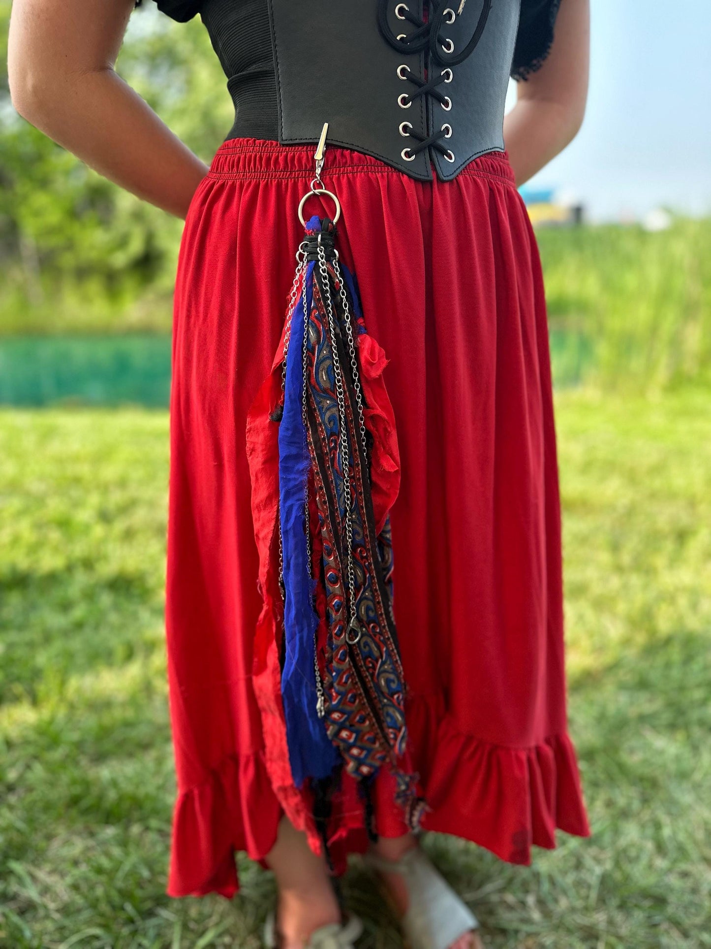 Chatelaine Belt Sash | Red, Black & Blue OOAK Accessory with Silver Hooks, Clips for Trinkets | Reclaimed Materials, Silk, Linen, Fiber Art