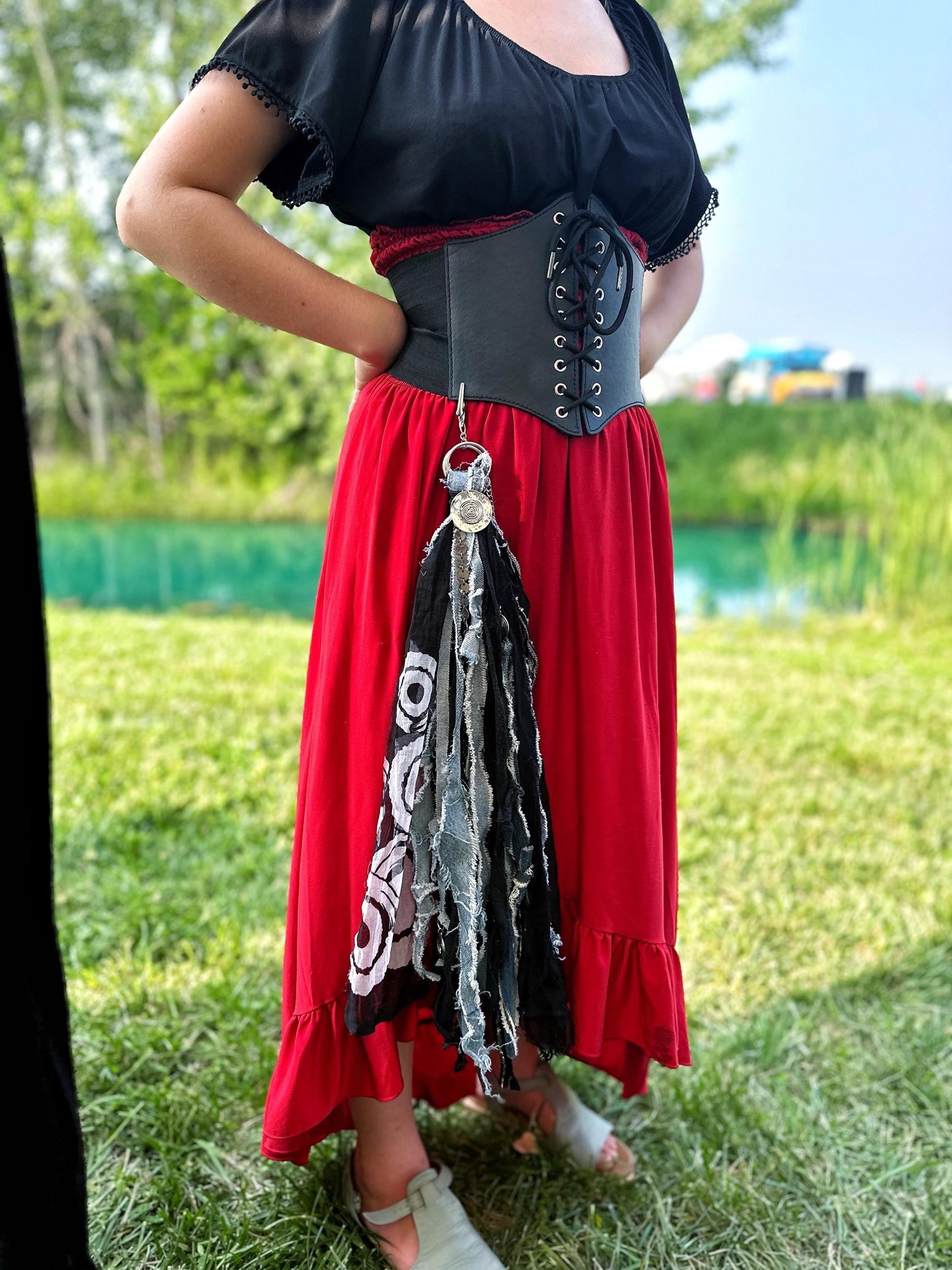 Chatelaine Belt Sash | Denim Blue & Black OOAK Steampunk Style Accessory with Hooks, Clips, | Reclaimed Materials, Silk, Linen, Fiber Art