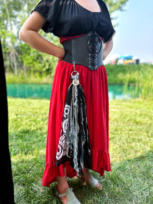 Chatelaine Belt Sash | Denim Blue & Black OOAK Steampunk Style Accessory with Hooks, Clips, | Reclaimed Materials, Silk, Linen, Fiber Art