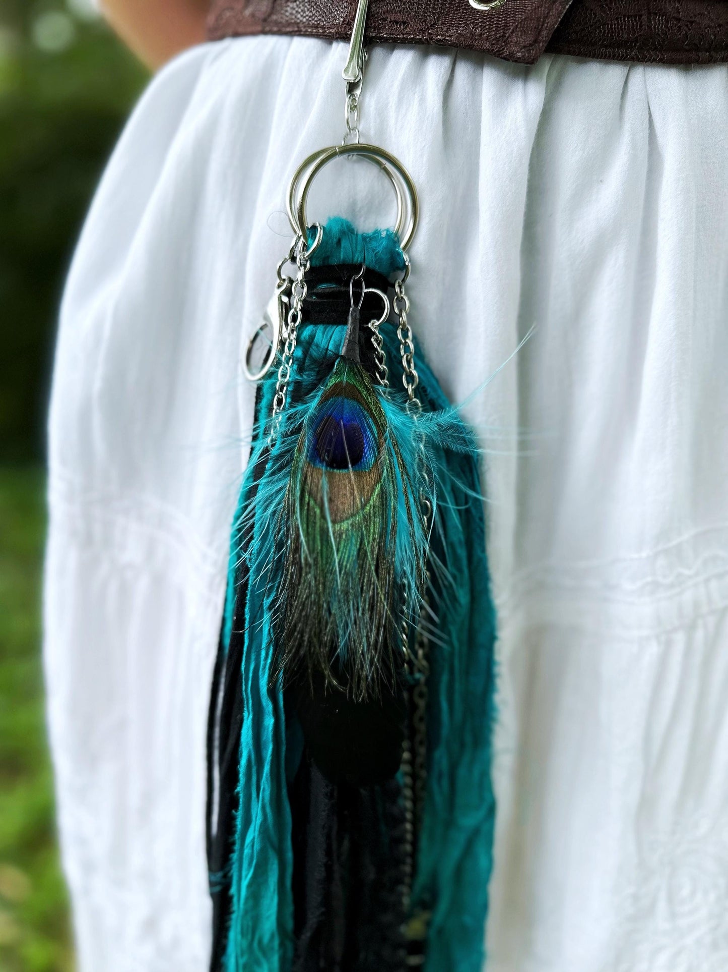 Chatelaine Belt Sash | Teal & Black Peacock Feather OOAK Accessory with Hooks, Clips, Clasps | Reclaimed Materials, Silk, Linen, Fiber Art