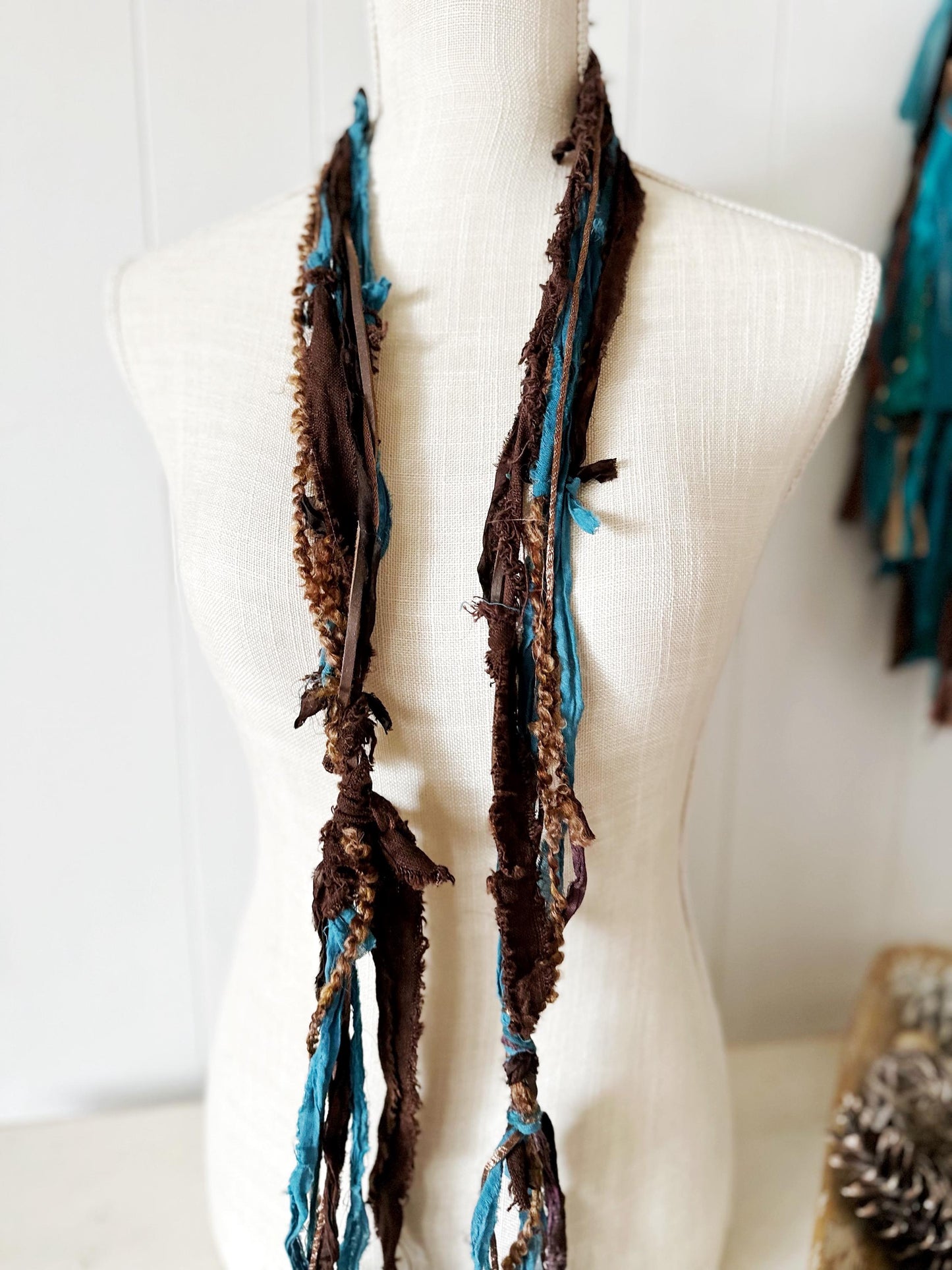 Boho Skinny Scarf | Hippie Clothes | "Seaside Rendezvous" Festival Scarf | Extra Long Unique Statement Scarves | Organic Cotton, Silk, Suede