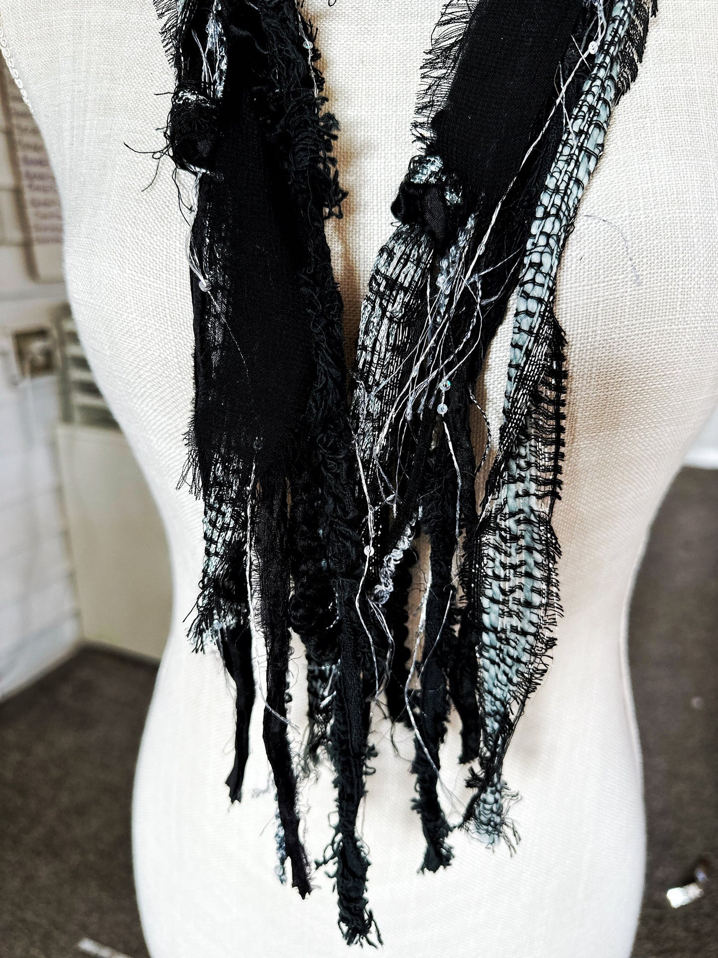 NEW Silver & Black Hobo Scarf | Hippie Clothes | Festival Clothing for Women, Men | Upcycled Repurposed Scarves | Organic Cotton, Silk