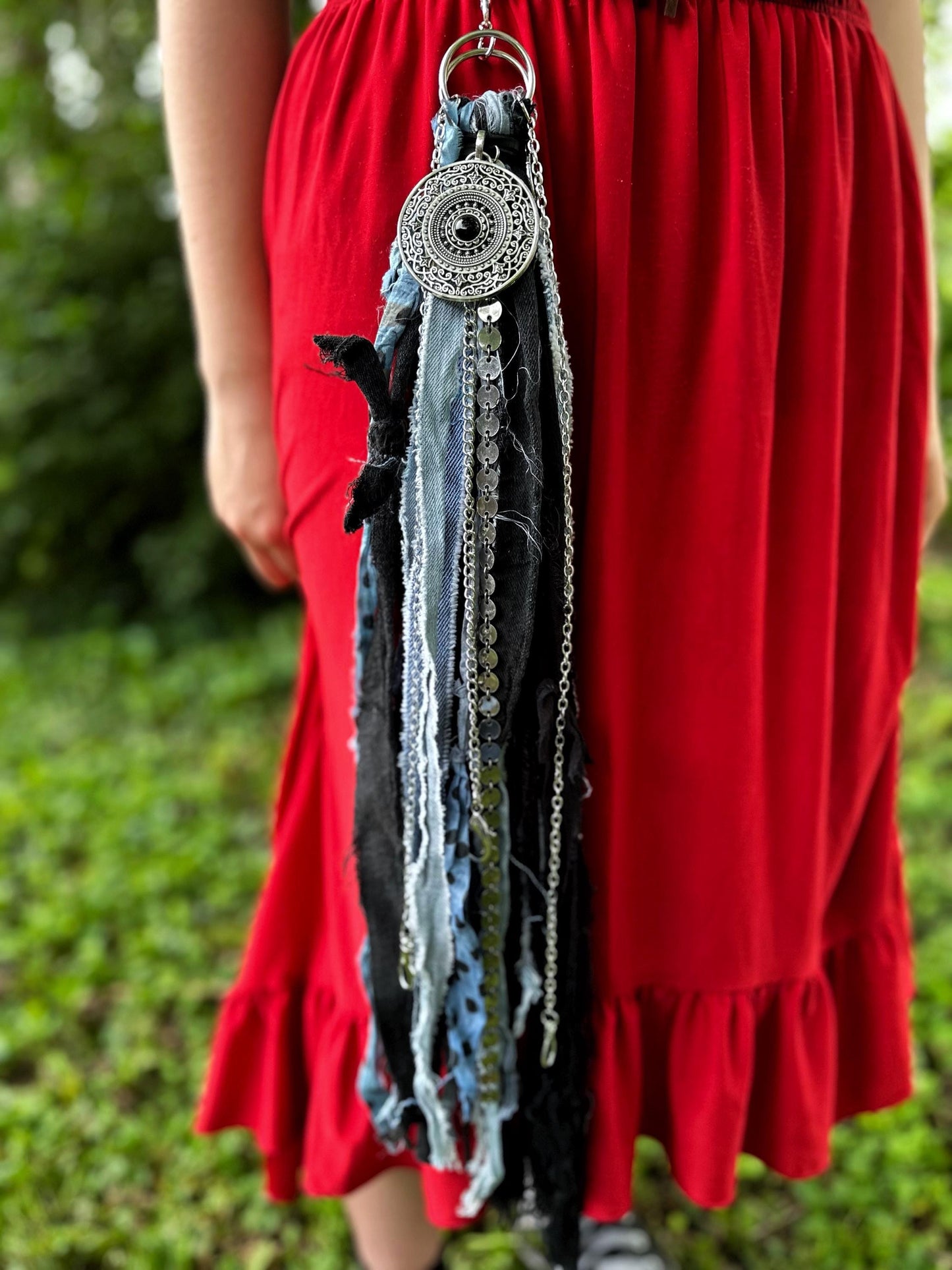 Chatelaine Belt Sash | Denim Blue & Black OOAK Steampunk Style Accessory with Hooks, Clips, Medallion | Reclaimed Materials, Silk, Fiber Art