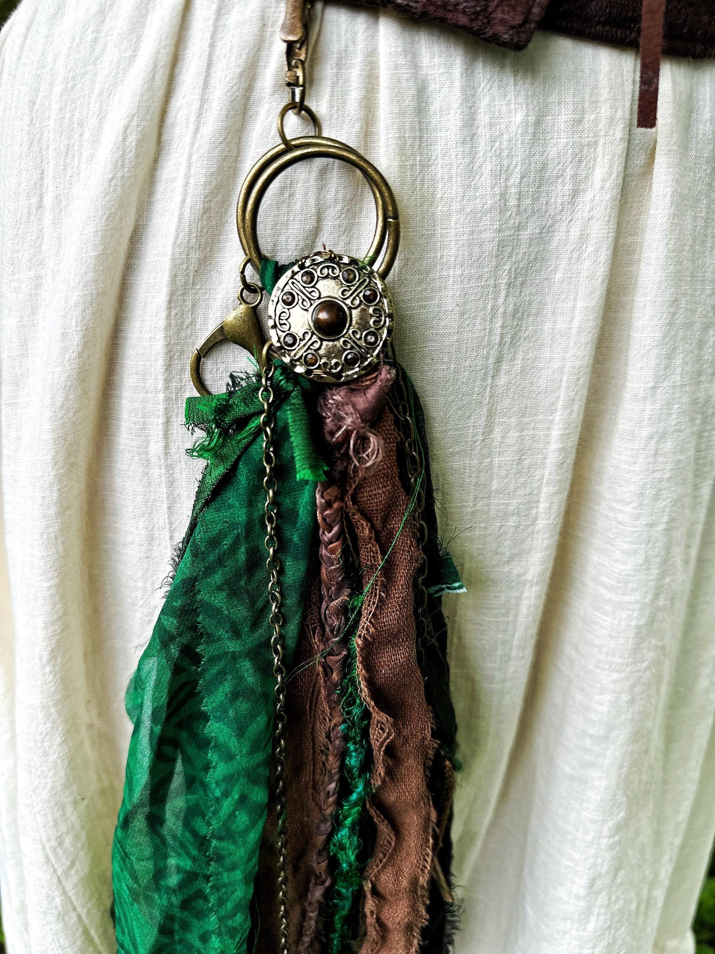 Chatelaine Belt Sash | Green & Brown Medallion OOAK Accessory with Hooks, Clips, Clasps | Reclaimed Materials, Silk, Linen, Fiber Art