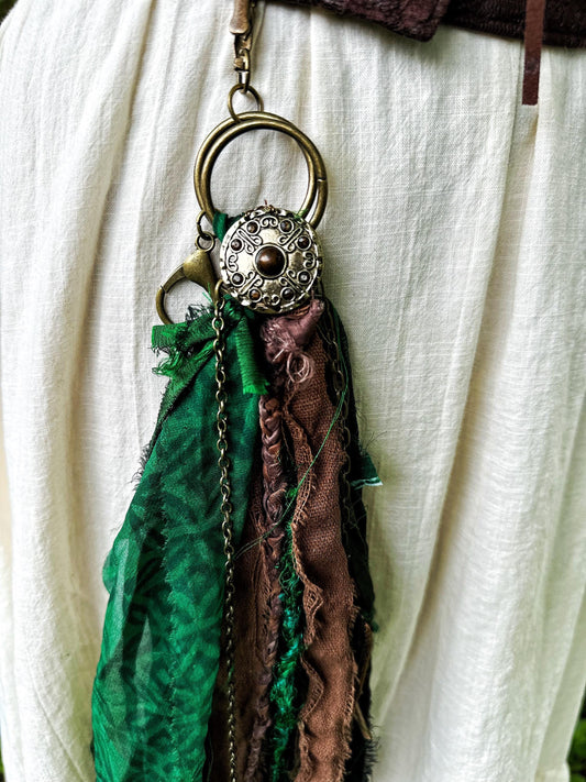 Chatelaine Belt Sash | Green & Brown Medallion OOAK Accessory with Hooks, Clips, Clasps | Reclaimed Materials, Silk, Linen, Fiber Art