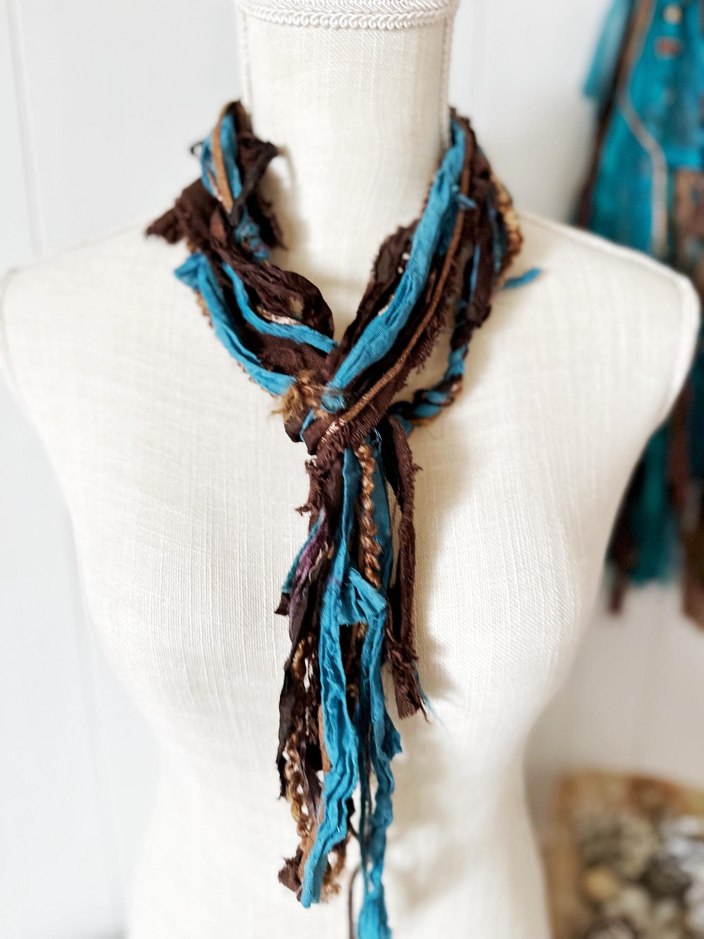Boho Skinny Scarf | Hippie Clothes | "Seaside Rendezvous" Festival Scarf | Extra Long Unique Statement Scarves | Organic Cotton, Silk, Suede