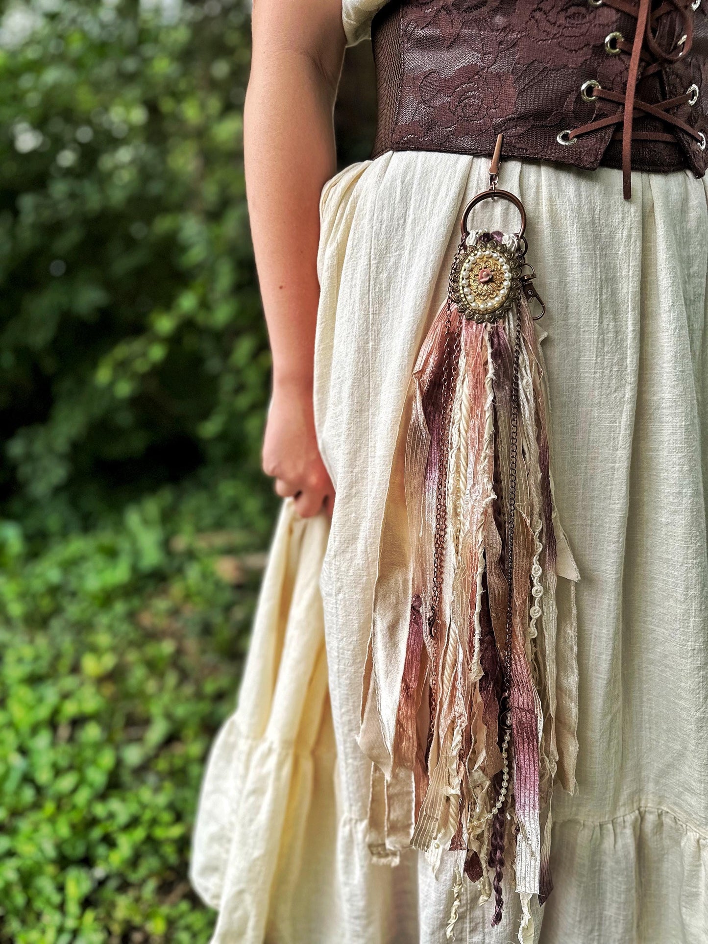 Chatelaine Belt Sash | Romantic Victorian Pearls OOAK Accessory with Hooks, Clips, Clasps | Reclaimed Materials, Silk, Linen, Fiber Art
