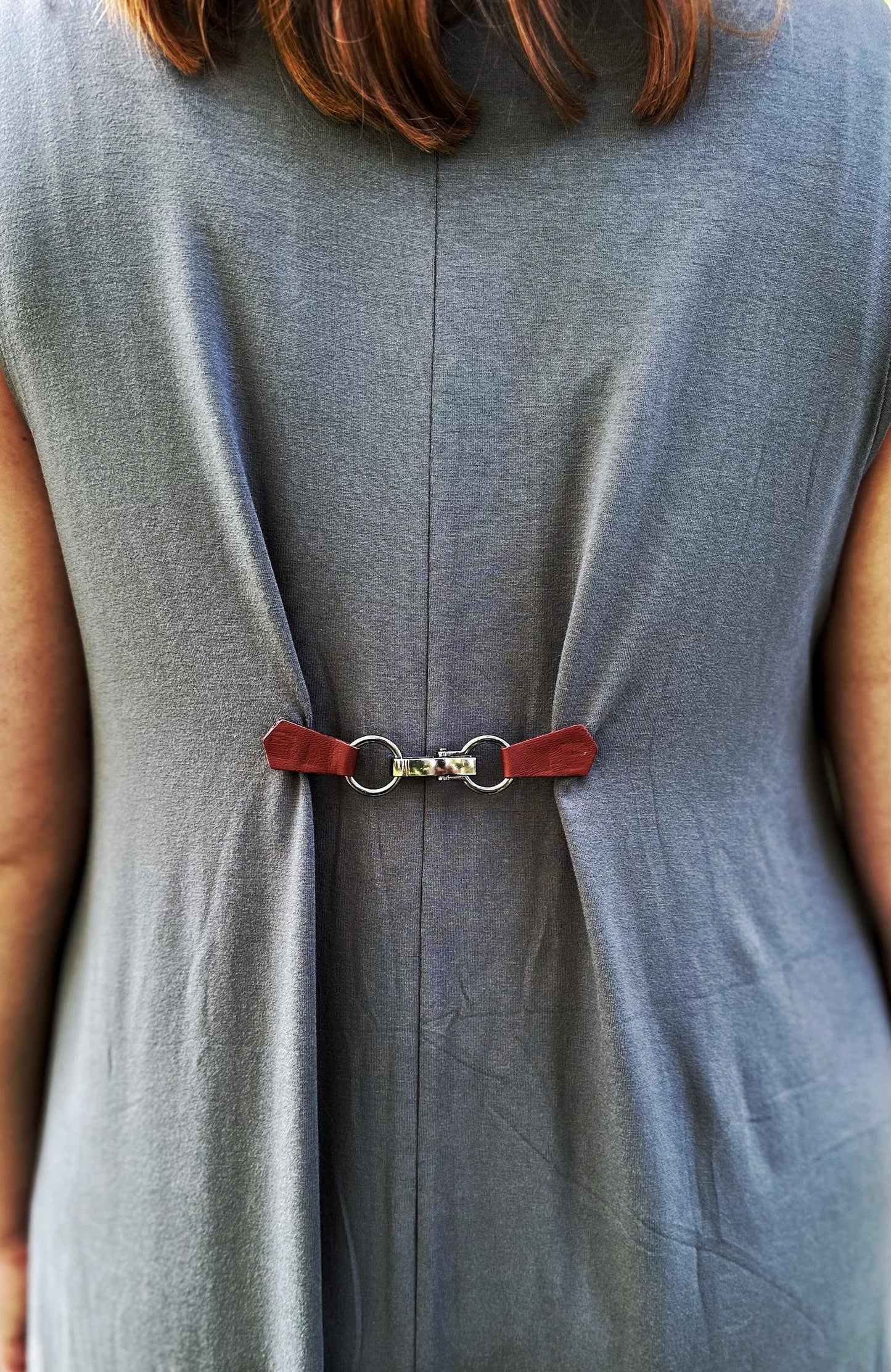 NEW Black Buckle & Red Leather Cinch Clip, Skinny Belt Alternative for Dress, Jacket, Cardigan, Mini-Tailor Button Closure, KardiKlips