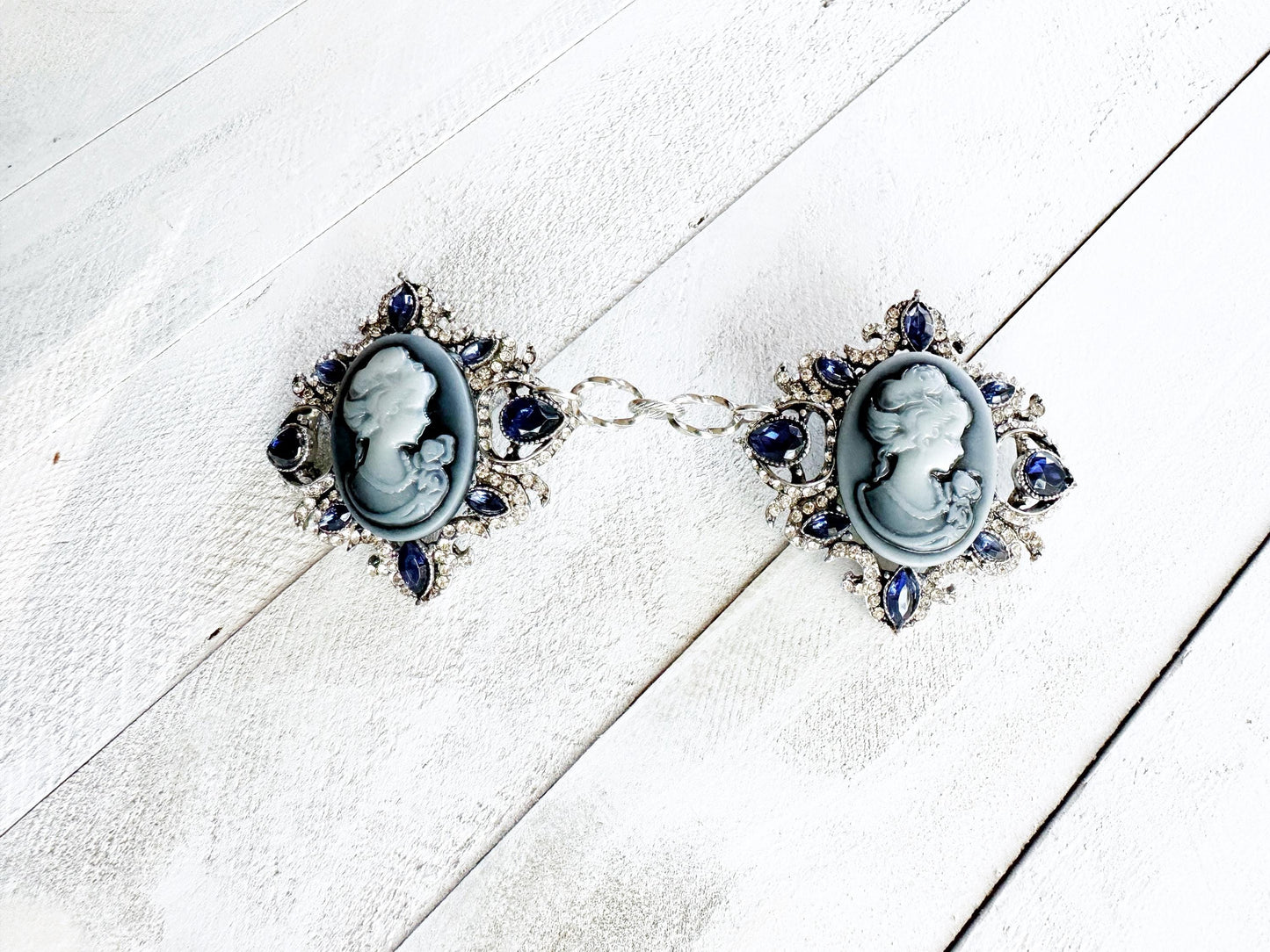 Blue Silver Cameo Cloak Clasp, Costume Cameo Brooch w/ Rhinestones | Victorian Fairytale Closure, Gothic Edwardian Adult Costume Accessories