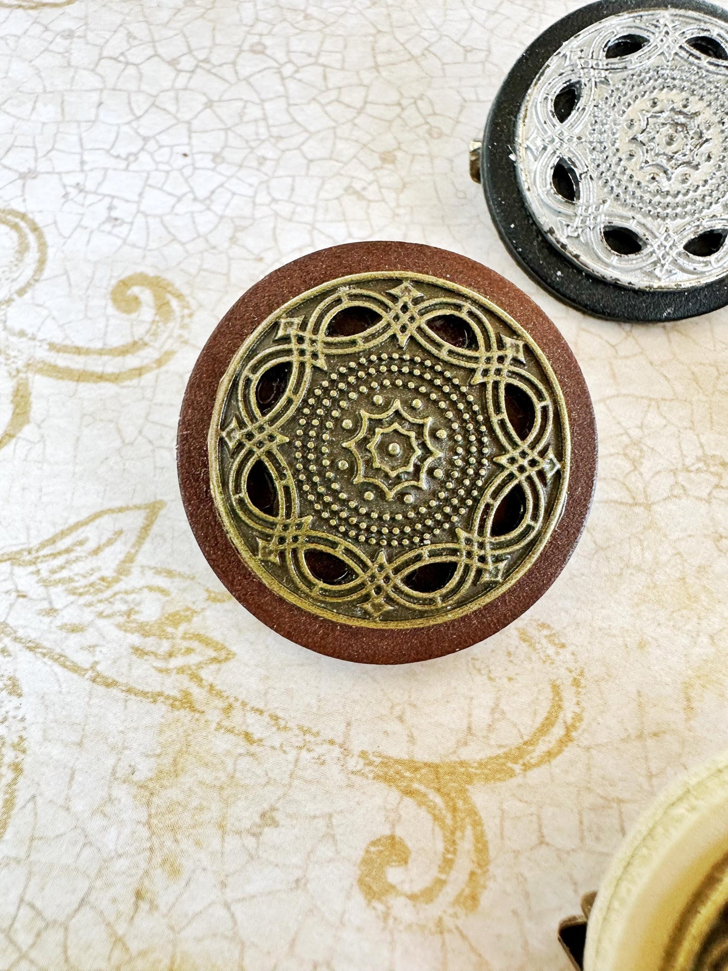 Single Metal & Leather Medallion Brooch Pin