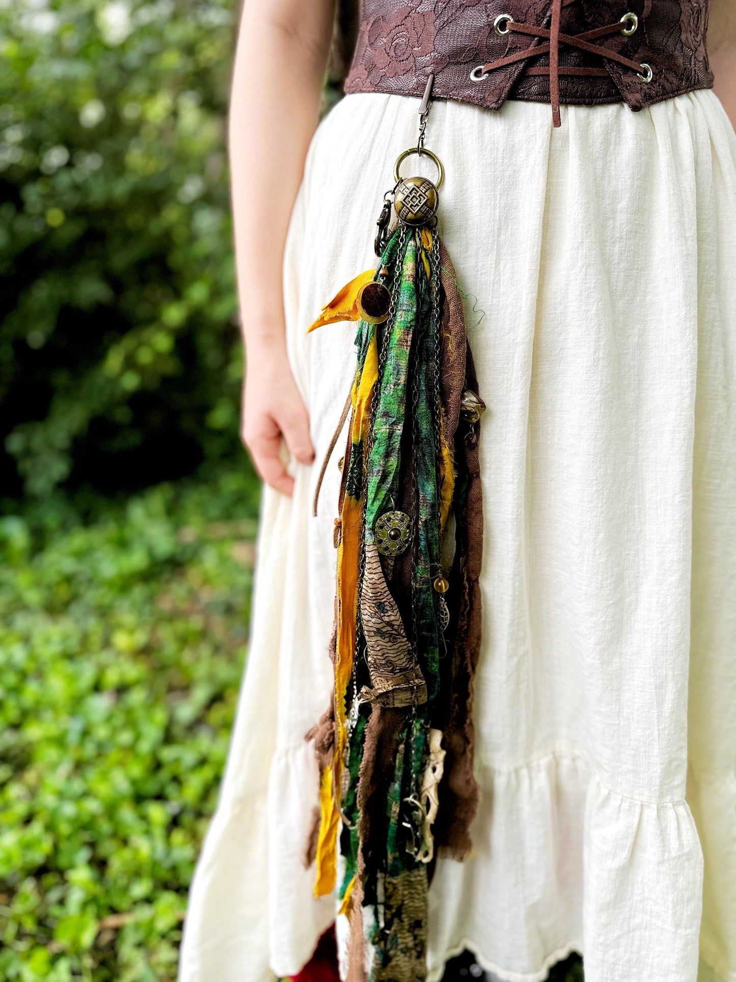Chatelaine Belt Sash | Green & Brown Pirate Themed OOAK Accessory with Hooks, Clips, Clasps | Reclaimed Materials, Silk, Linen, Fiber Art