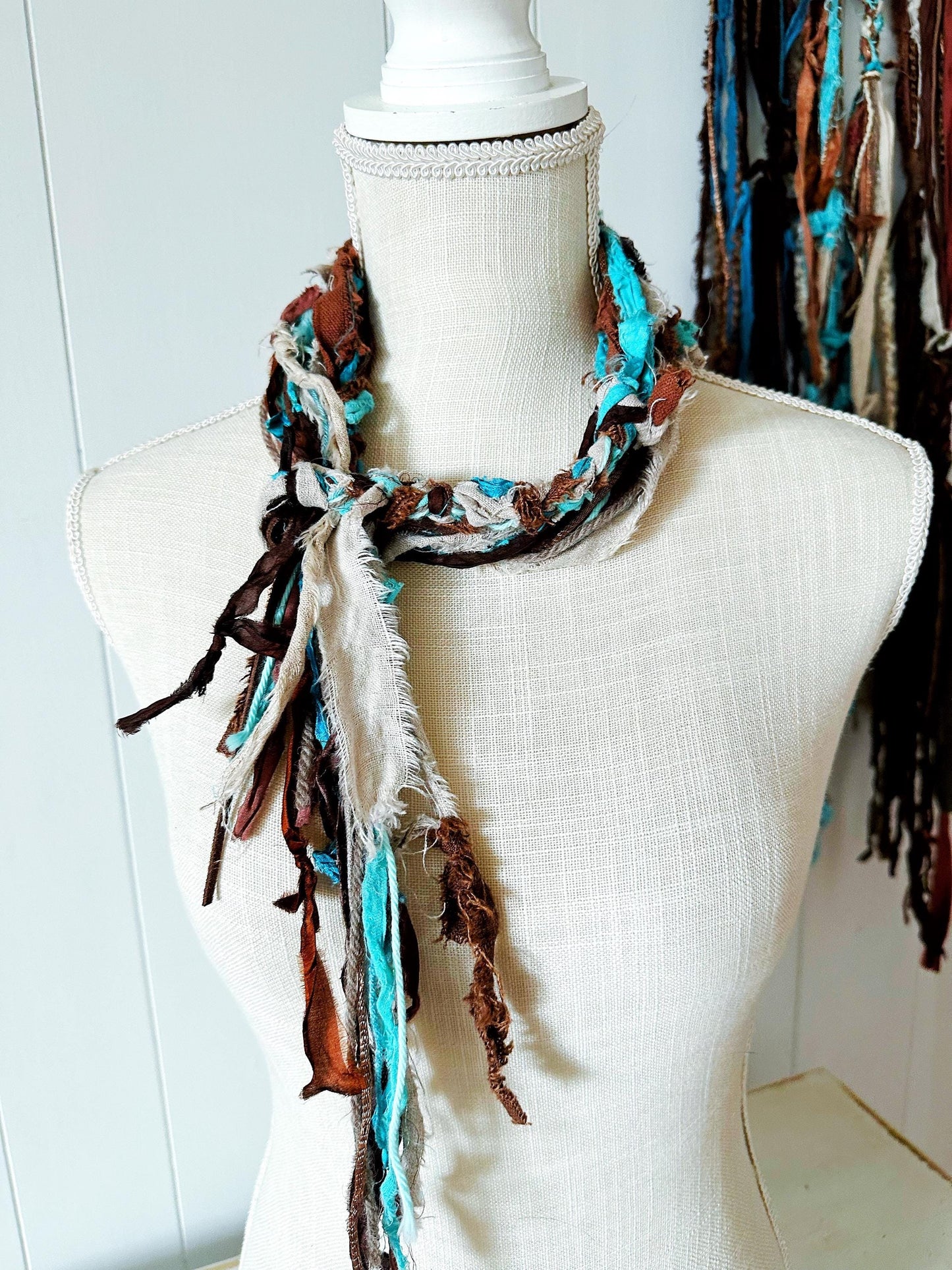 Turquoise Silk & Linen Textile Necklace | Hippie Clothes | "Beach Boho"  Multi-Strand Skinny Scarf for Men, Women | Sea Glass Seashell Charm