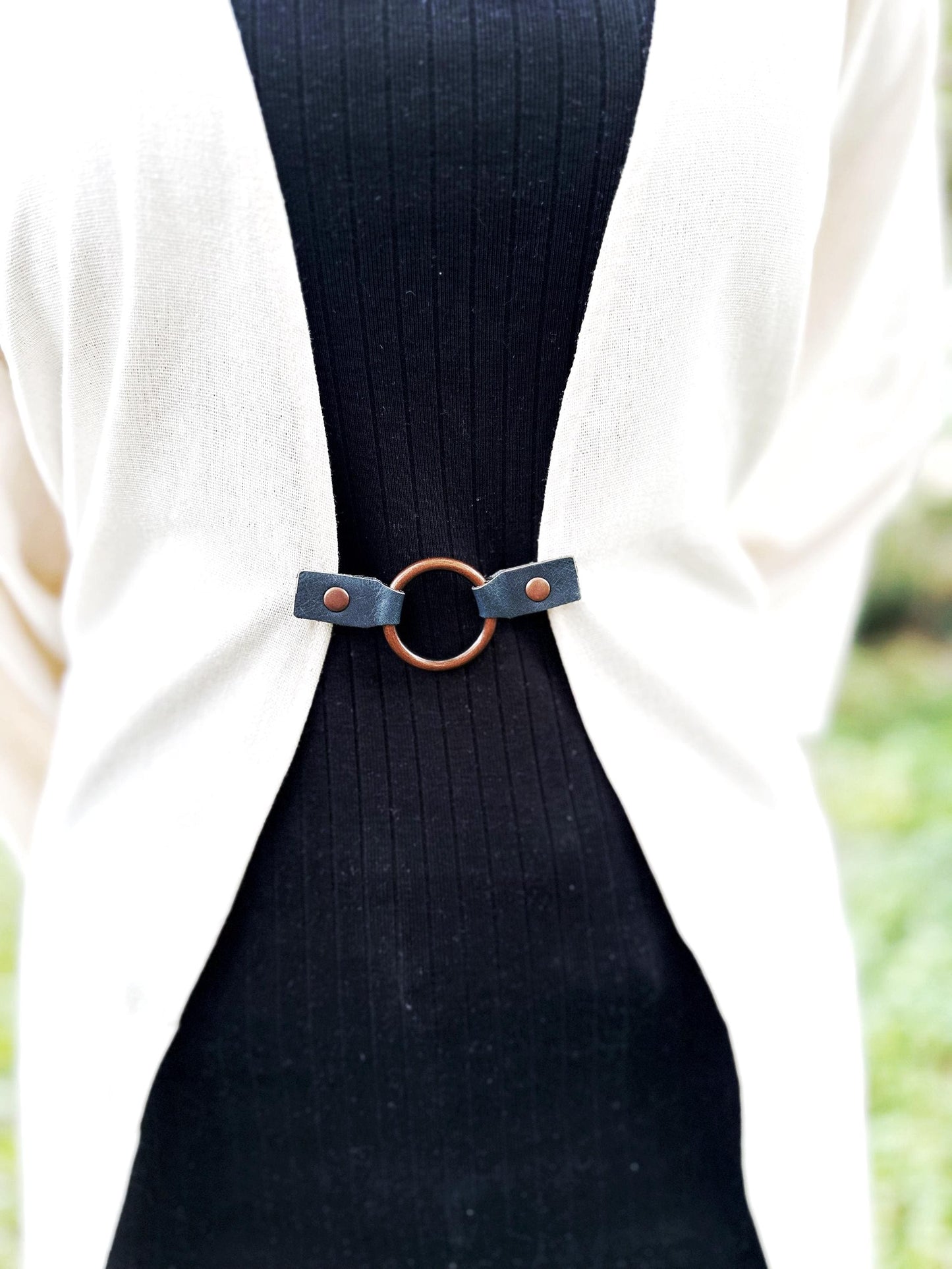 Dress Cinch Clip | Copper Ring & Blue Leather Sweater Clip | Unique Clothing Clasps Shawl Clip | Steampunk Minimalist Versatile Skinny Belt