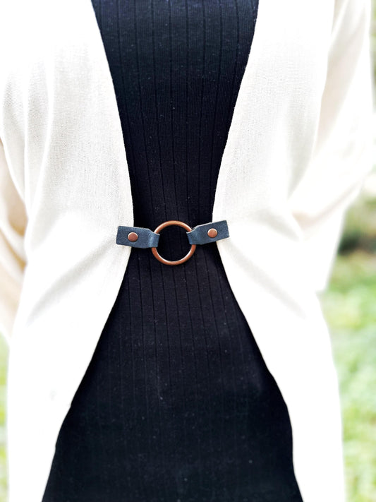 Dress Cinch Clip | Copper Ring & Blue Leather Sweater Clip | Unique Clothing Clasps Shawl Clip | Steampunk Minimalist Versatile Skinny Belt