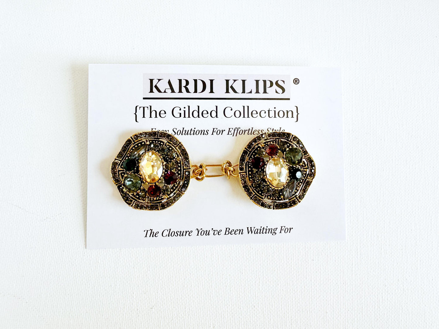 Bejeweled Gold Baroque Cinch Clip | Cardigan and Sweater Clips | Scarf Clasp Brooches for Dress Belt | Unique Handmade USA Gift | KardiKlip