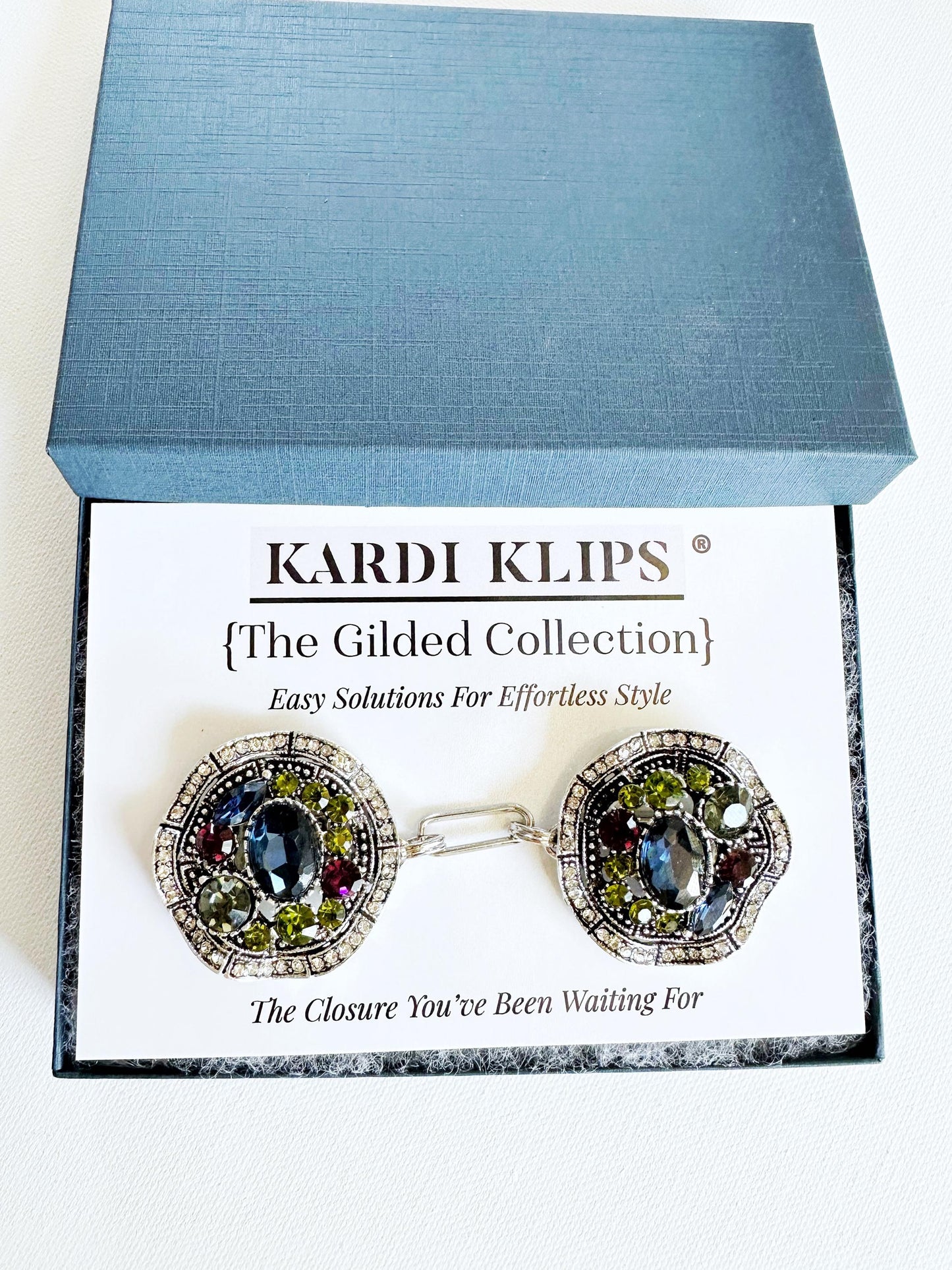 Bejeweled Silver Baroque Cinch Clip | Cardigan and Sweater Clips | Scarf Clasp Brooches for Dress Belt | Unique Handmade USA Gift, KardiKlip