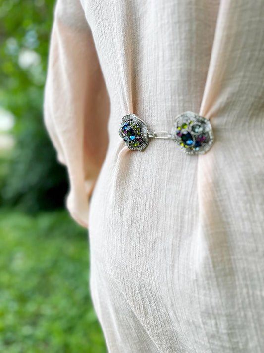 Bejeweled Silver Baroque Cinch Clip | Cardigan and Sweater Clips | Scarf Clasp Brooches for Dress Belt | Unique Handmade USA Gift, KardiKlip